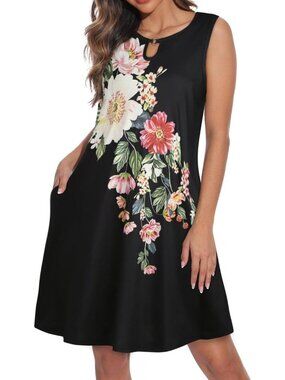 Women's Summer Sleeveless Sundress Floral Loose Fit Cover Up Black Floral